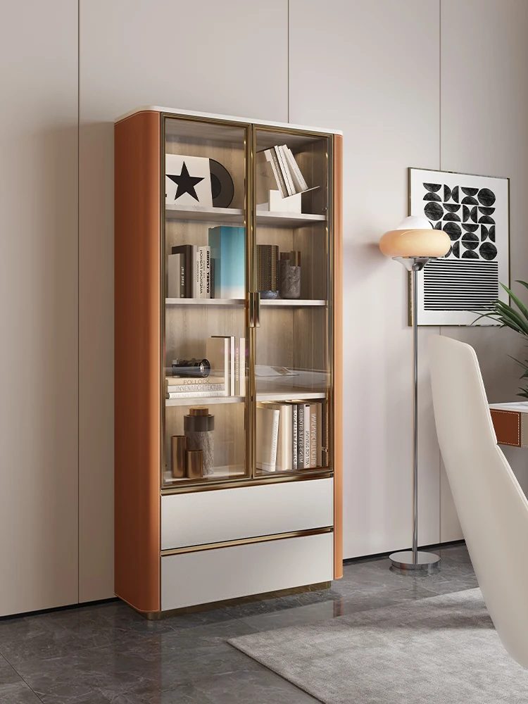 

Luxury saddle leather bookcase living room display cabinet glass door storage cabinet hand-made Lego model display cabinet