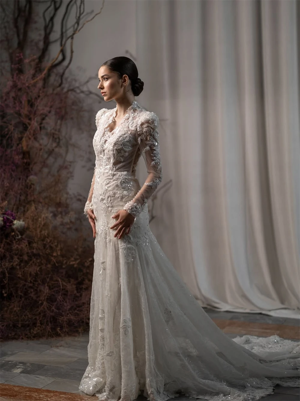 

Customized Elegant White Organza Bridal Gowns Classic V-neck Long Sleeves Wedding Dress Formal A-Line Court Train Robe de mariée