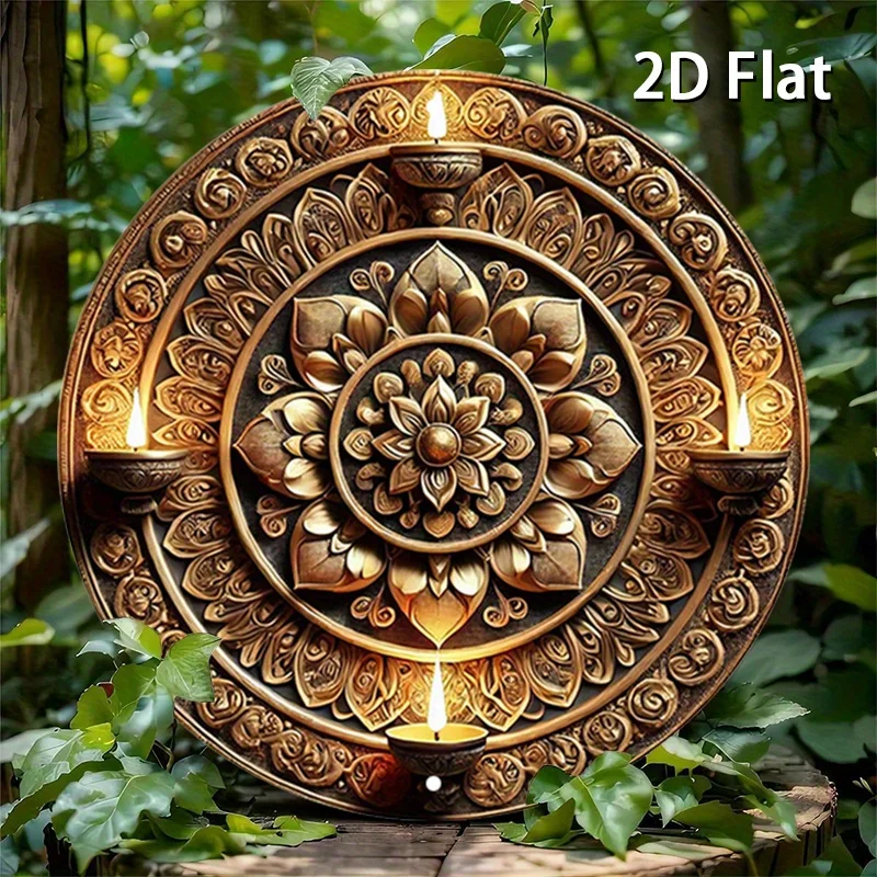 Golden Lotus Diya Mandala Ornament Pattern 2D flat Round Metal Tin Sign Bohemian Yoga Home Wall Decor Gift 7.87x7.87 Inch
