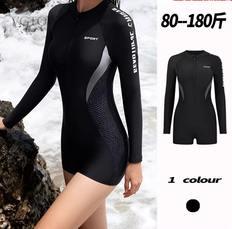 2026 New Plus Size Surfing Sport One Piece Swimsuit Long Sleeves Women Swimwear  Ziipper Tropical Bodysuit Female