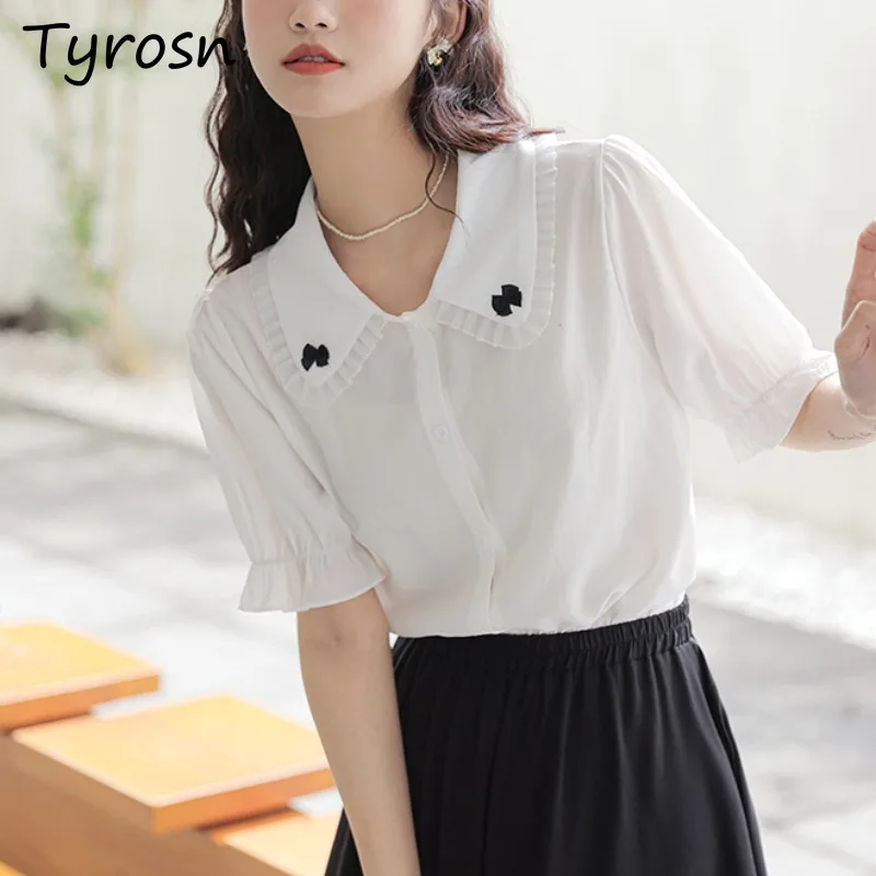 Shirts Women French Style Elegant Bow Peter Pan Collar Edible Tree Fungus Design Fashion Casual All-match Summer New Chic Tops