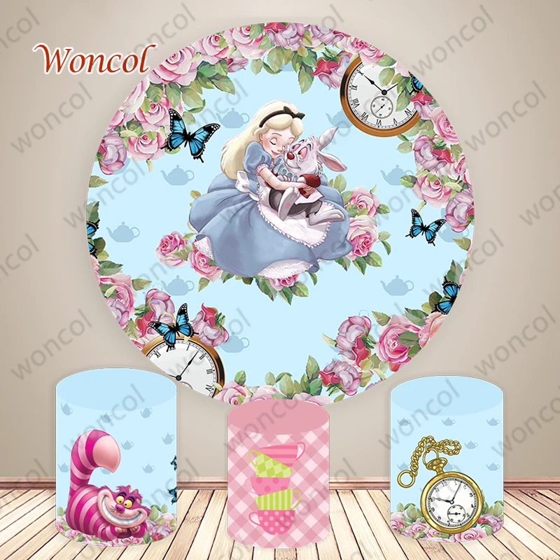 Alice In Wonderland Round Cover Girl Birthday Background Cheshire Cat Clock Tea Cup Cylinder Cover Party Decor Prop