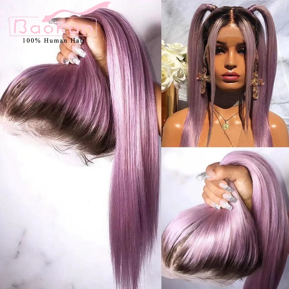 Perruque Full Lace Wig sans colle naturelle, cheveux lisses, pre-plucked, violet, rose ombré, 13 age, transparent HD