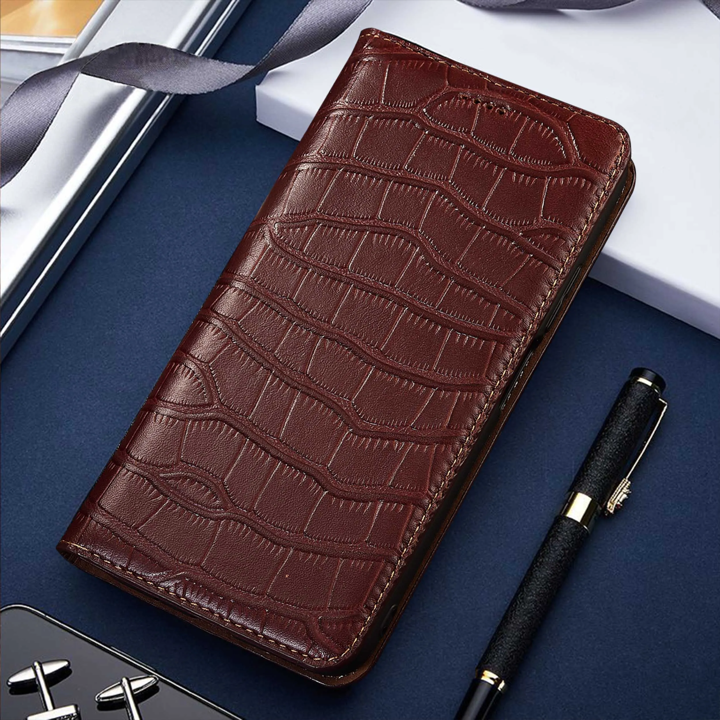 

Genuine Leather Phone Case For OPPO Reno 12 12F 13 14 15 Pro Plus 4G 5G Crocodile Belly PatternOf Wallet Flip Cover Case Cowhide