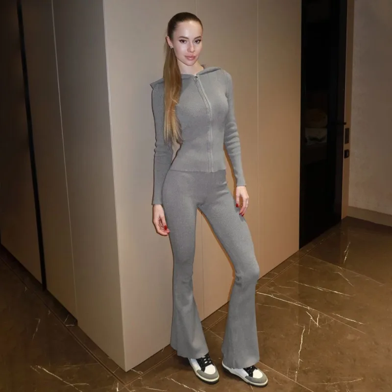 

Tsiisd Knit Women's Trousers Sets Hoodie Cardigan Top Slim Flared Trousers Commuting Casual Streetwear Fashion Matching Sets New