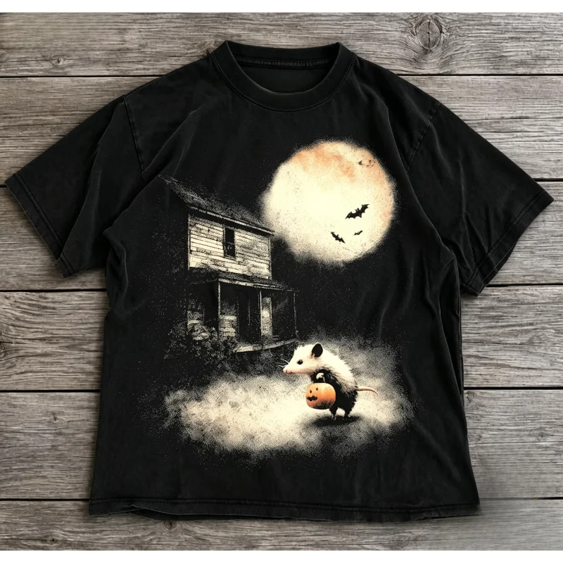 Vintage Halloween Possum Trick or Treat T-Shirt Haunted House Moon Bat Retro Oversized Cotton Unisex Short Sleeve Casual Tops
