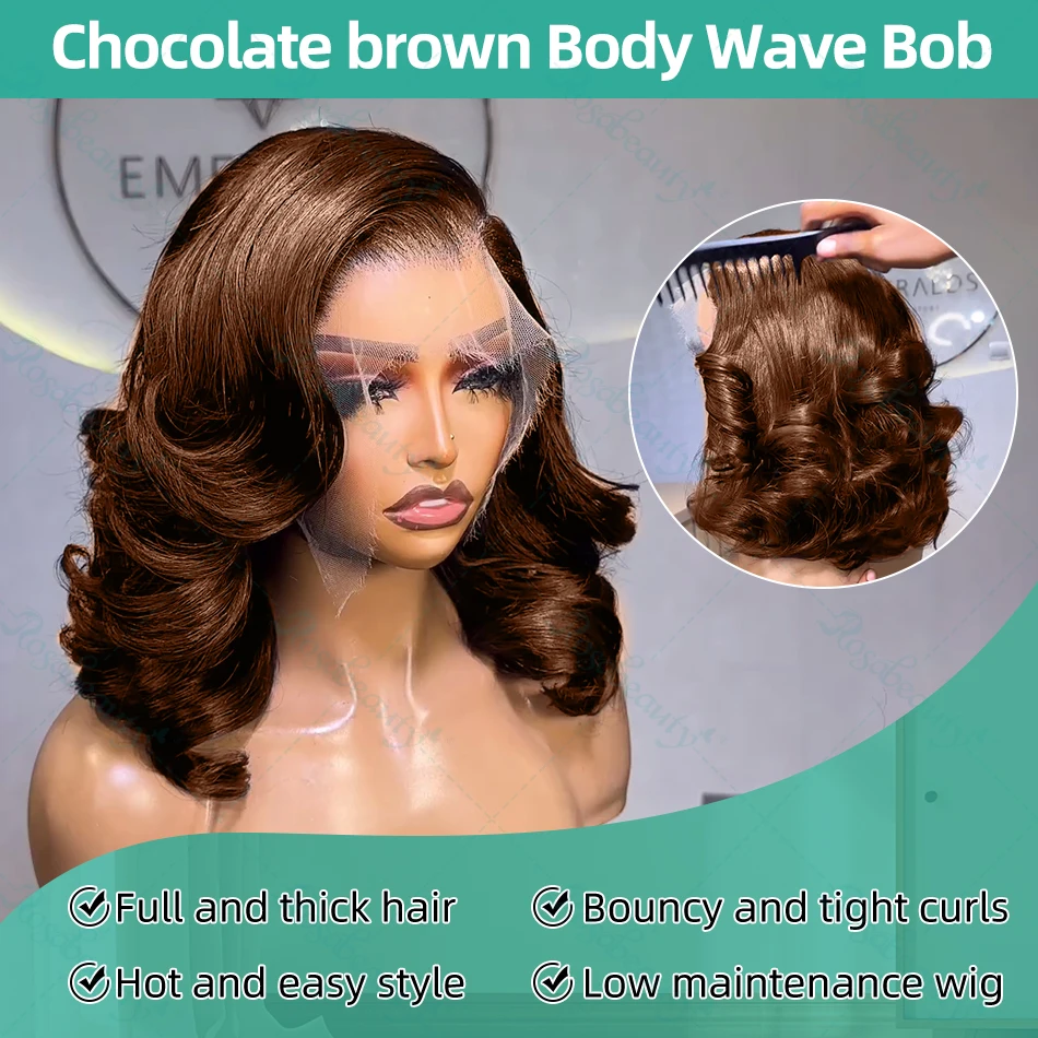 Chocolate Brown Body Wave Bob Wig 13x5 Transparent Lace Frontal Wig Brazilian 2# Color 13x4 Lace Front Human Hair Short Bob Wigs