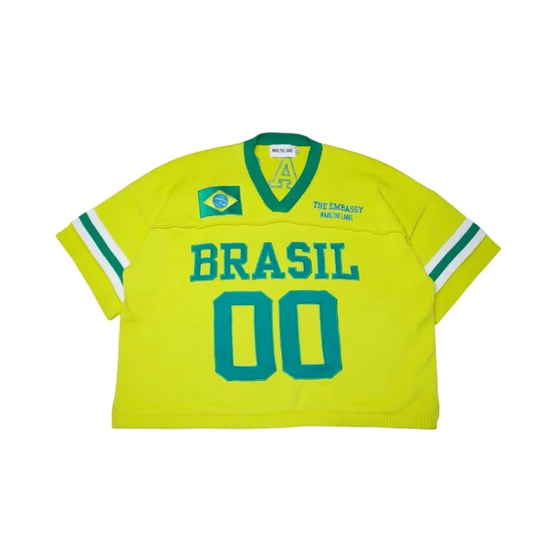 

Brasil Vintage Oversized Knit Jersey Shirt Cropped Embroidered Flag Patch Yellow Green Streetwear Unisex Top Casual Wear