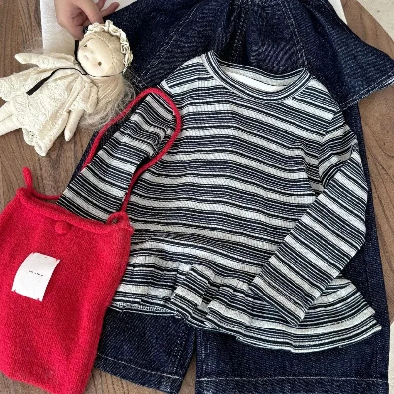2026 Spring and Autumn Korean Girls Striped Base Shirt Stylish and Stackable Versatile Top Girls Long Sleeve T-shirts