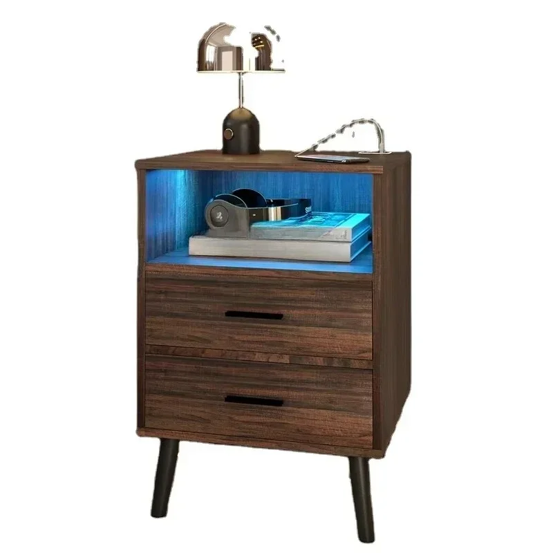 Bedside table with charging station and USB port, rustic brown bedside table with open shelf