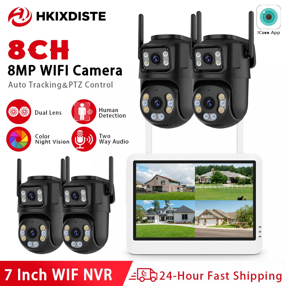 7nch Screen 5MP NVR Kit Wifi IP Camera Outdoor 8CH System Video Surveillance Camera 8MP H.265 Home Security CCTV Dual Screen P2P