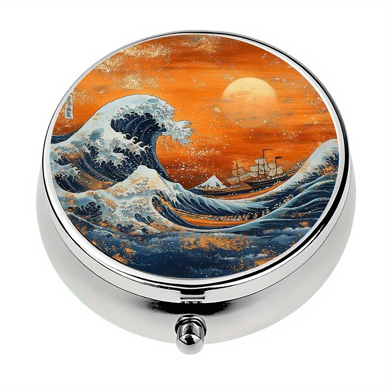 Single pack, wallet-style pill box, contains 3 pill compartments, Kanagawa Wave Theme pill box, decorative metal vitamin box, ideal for travel - can be placed in a wallet or purse, colorful storage box for medication and jewelry