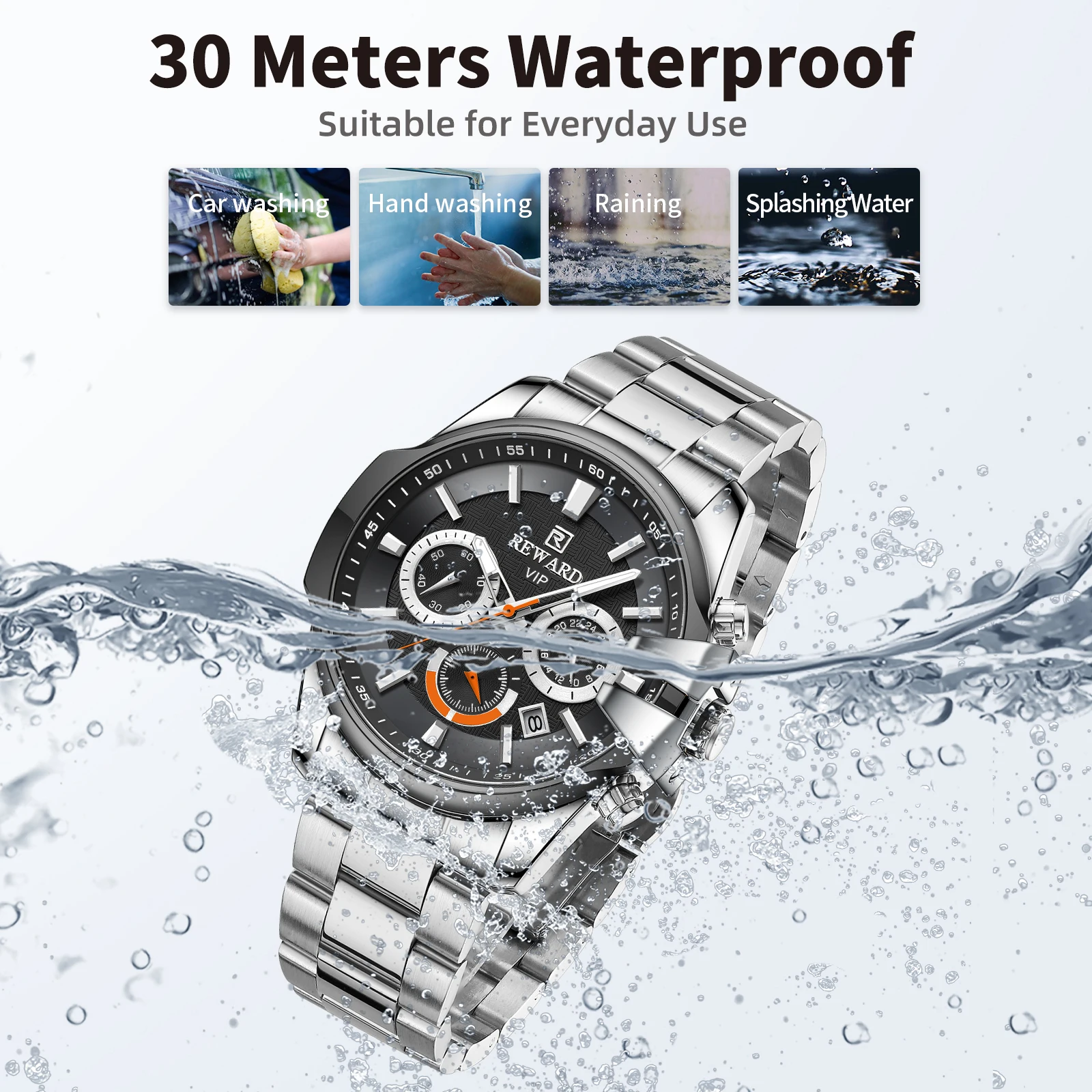 REWARD VIP Fashion Wrist Watches for Men Waterproof Luminous Sport Wristwatch Business Stainless Steel Watches Clock