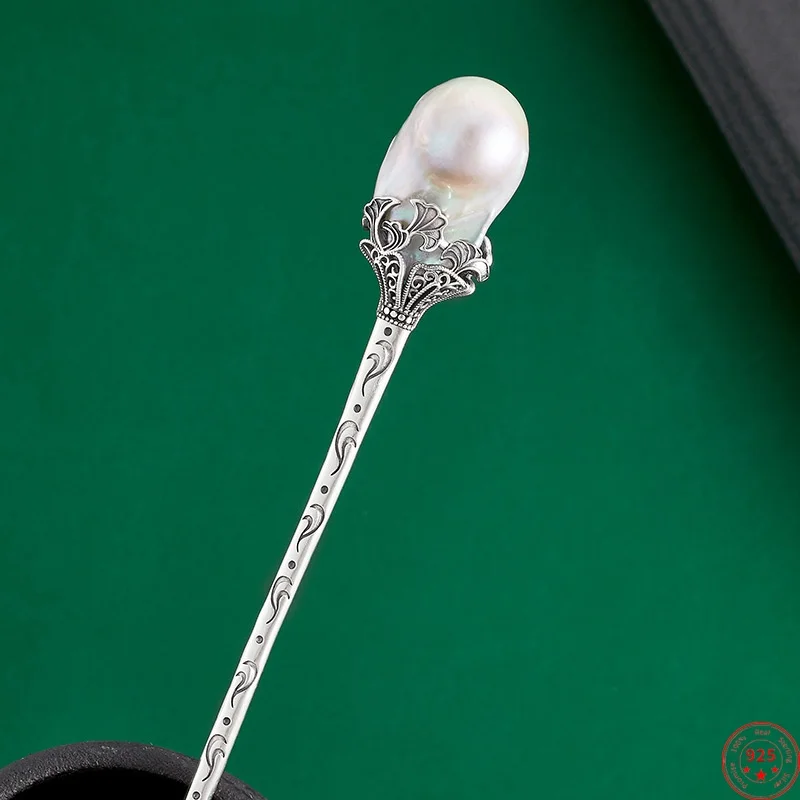 S925 Sterling Silver Hair Sticks for Women Palace Style Retro Pattern Inlaid Baroque Pearl Hair Forks Hairpin Jewelry Wholesale