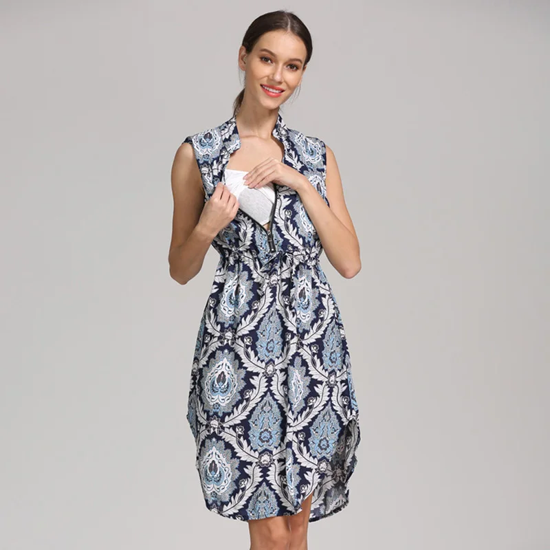 Summer Loose Maternity Clothes Casual Dress for Pregnant Women Sleeveless A-line Breastfeeding Nursing Dresses Floral Pattern