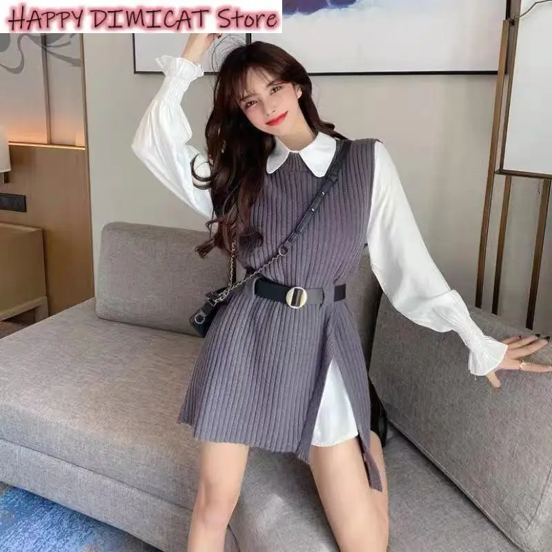 

Womens Shirts Sets Sleeveless Sweater Tops Long Lantern Sleeve Shirt Women Knitted Vest 2 Two Piece Set Spring Autumn
