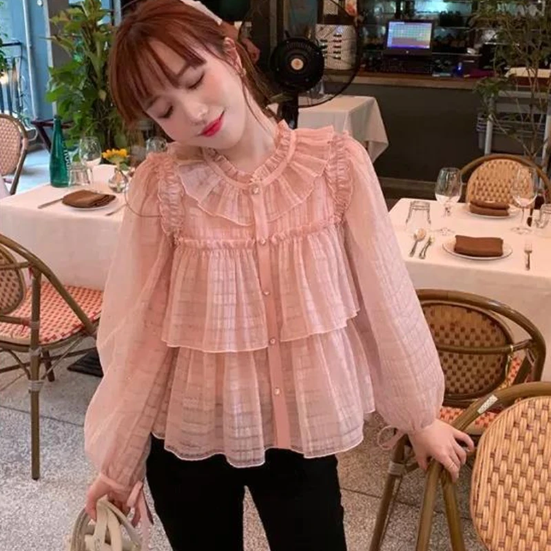 Shirts Women Spring Sweet Fashion Ruffles All-match Design Lace-up Tender Elegant Trendy Leisure Korean Style Ladies Puff Sleeve