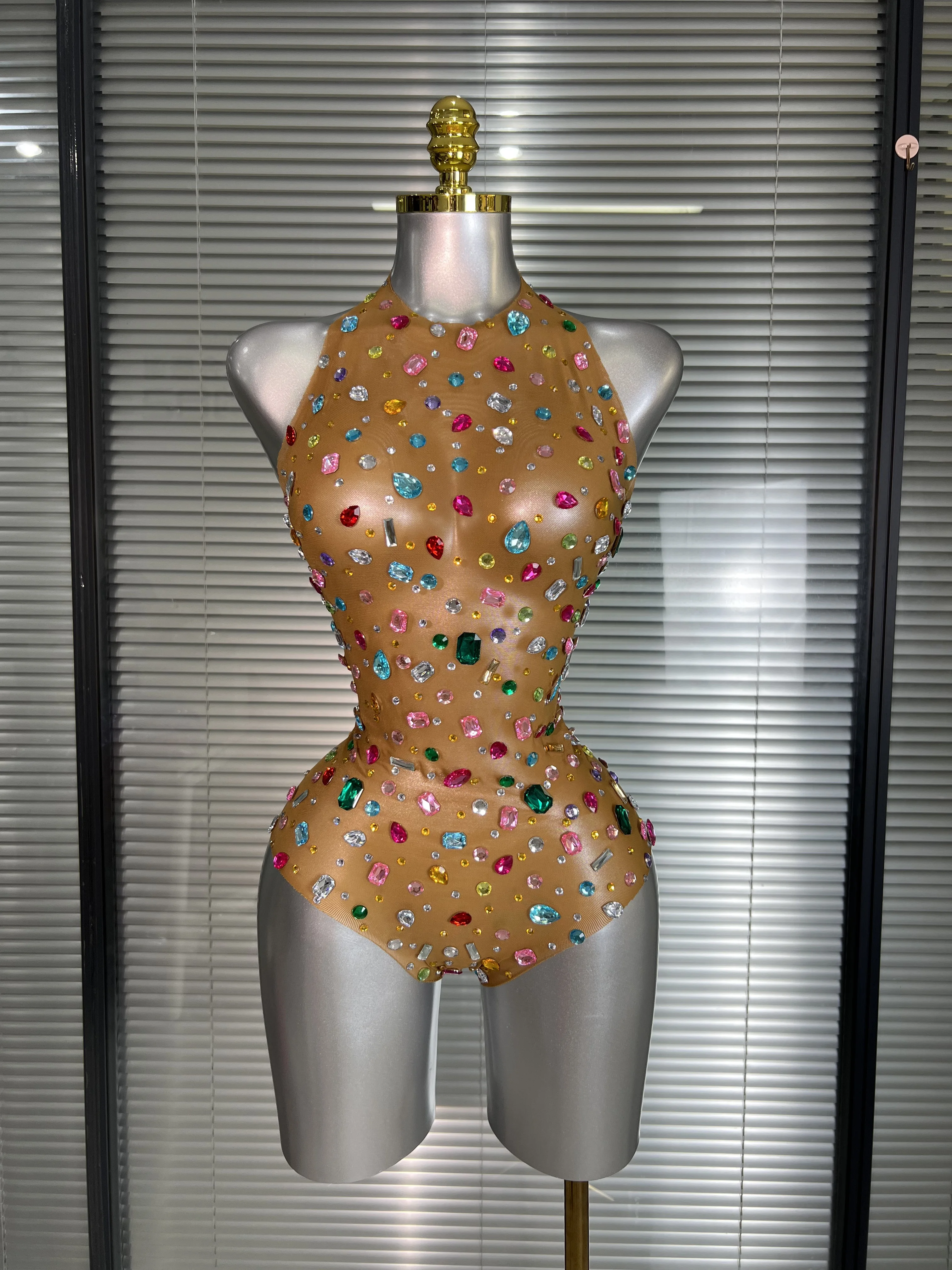 Summer New Women Sexy Halter Backless Colorful Diamonds Stretchy Night Club Singer Dancer Stage Costume Party Bodysuit