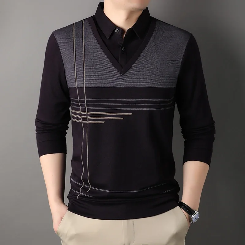 Fake Two Piece Men T Shirts  Spring and Autumn Striped Print Long Sleeve Tee Tops Men Business Casual Men Clothing