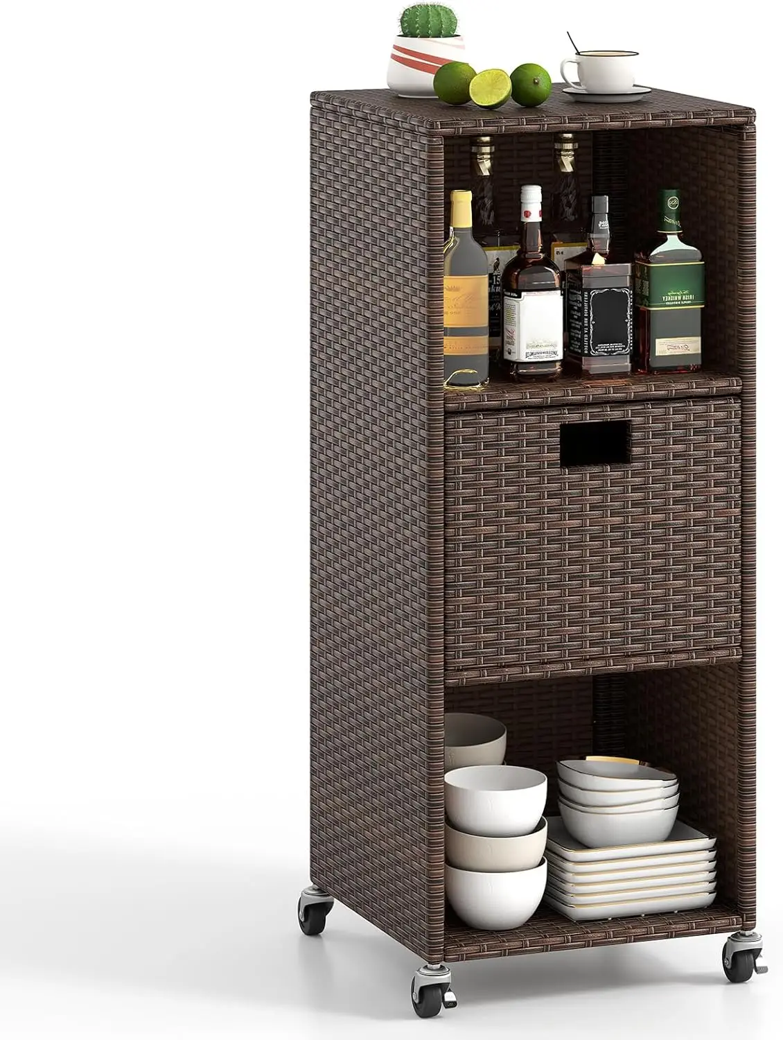 

Rattan Outdoor Storage Cabinet, Patiojoy Outdoor Wicker Cabinet with 3 Shelves, 1 Removable Drawer, 4 Wheels, Patio Storage