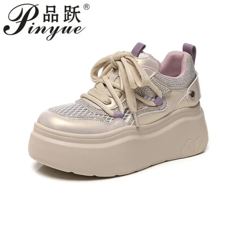 

8 см из натуральной кожи, женские модные осенние женские повседневные кроссовки на танкетке, вулканизированные массивные кроссовки, ботильоны, блестящая обувь, размеры 34-40