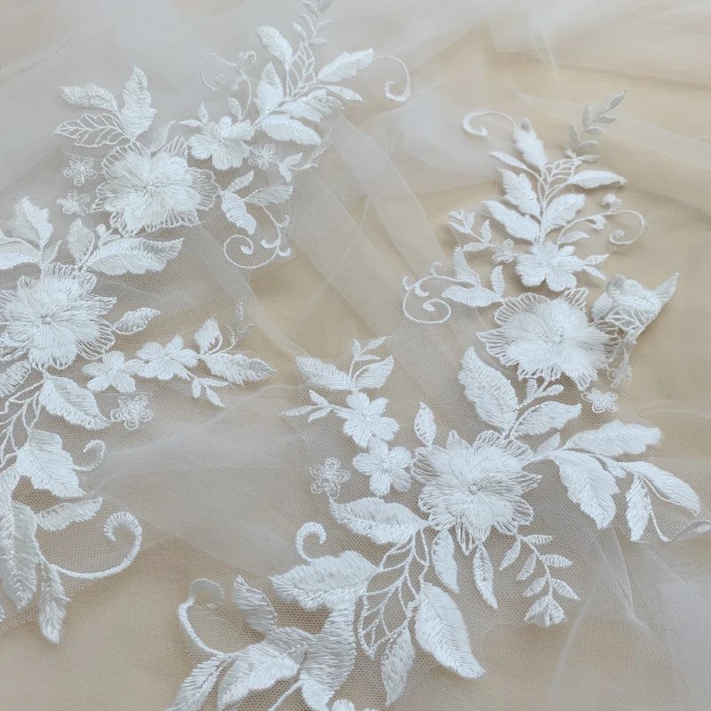 4PCS=2Pair Cotton Material 3D Mirrored Flowers Handmade DIY Wedding Dress Decoration Applique Off White  RS3415