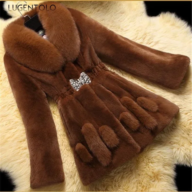 Faux Fur Coat Women Slim Fit Waist Diamond Button Large Size Long Sleeve Turn-down Collar Lady Full Womens Jacket Available 6XL