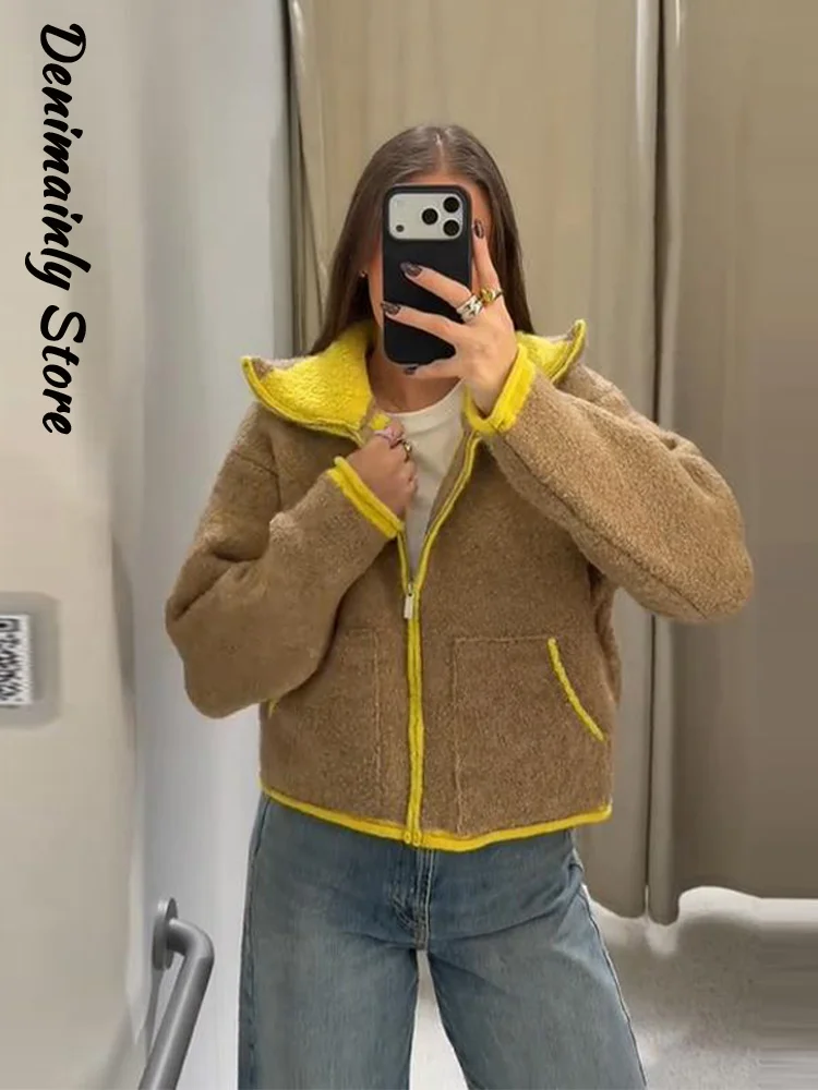 

Fashion Contrast Zipper Knit Cardigan Women Stand Collar Full Sleeve Pocket Sweater 2025 Autumn 2026 Spring Lady Street Outwear