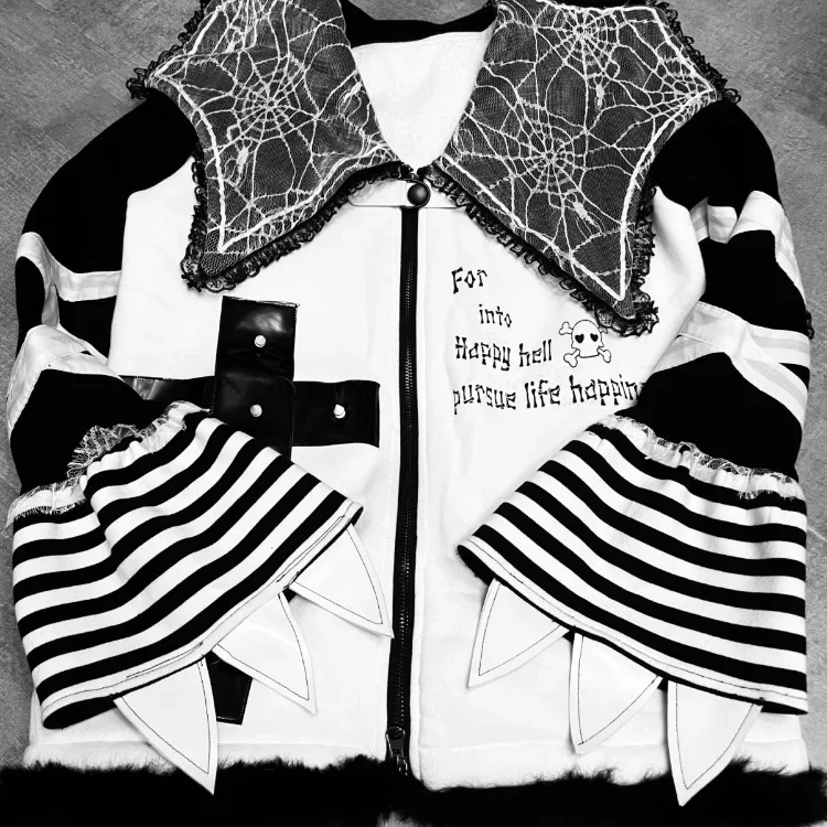 2025 Women Striped Harajuku Gothic Jackets Lace Patchwork Y2k Aesthetic Grunge Coats Hip Hop Kpop Loose Punk Jacket Streetwear