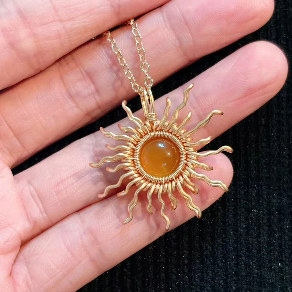 

Handmade Pendant Wire Wrapped Jewelry 14K gold plated Yellow Agate Sun Necklace Unique Gift Wirewrapped DIY Jewelry
