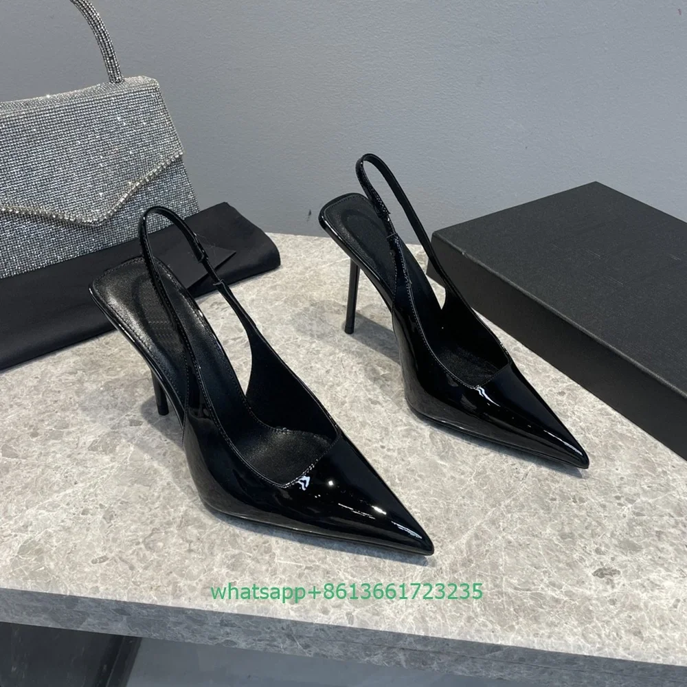 Patent Leather Square Shallow Women Pumps Slip On Back Strap Slingback Thin High Heels Pointed Toe Sexy Fashion Sandasl Pumps