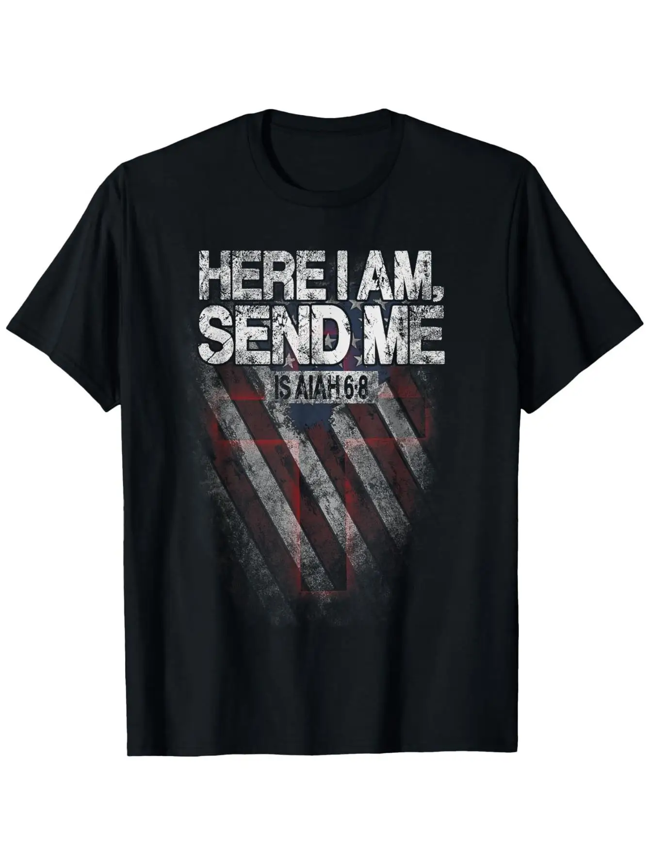 I am here. Send me to America. American flag cross, Isaiah 68, Bible verse T-shirt, comfortable outdoor casual top, summer daily wear, round neck T-shirt, men's summer clothing, slightly stretchy, pure, size