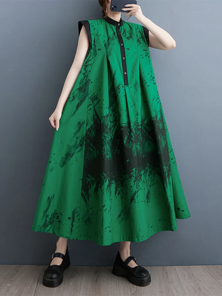 

2024 Summer New Green Vintage Print Patchwork Dresses For Women Sleeveless Loose Casual Long Dress Robe Fashion Elegant Clothing