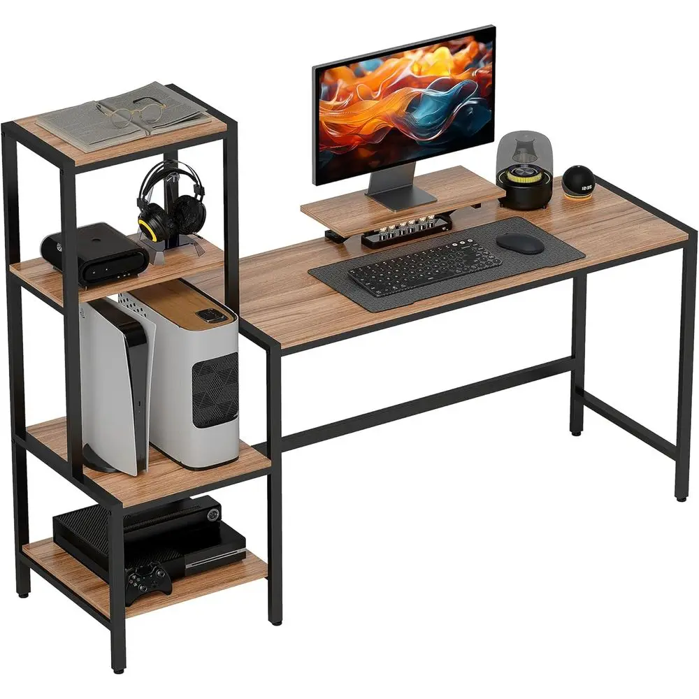 

67" Gaming Desk, Computer Desk with Reversible 4-Tier Storage Shelves and Monitor Stand or Home Oice, Brown