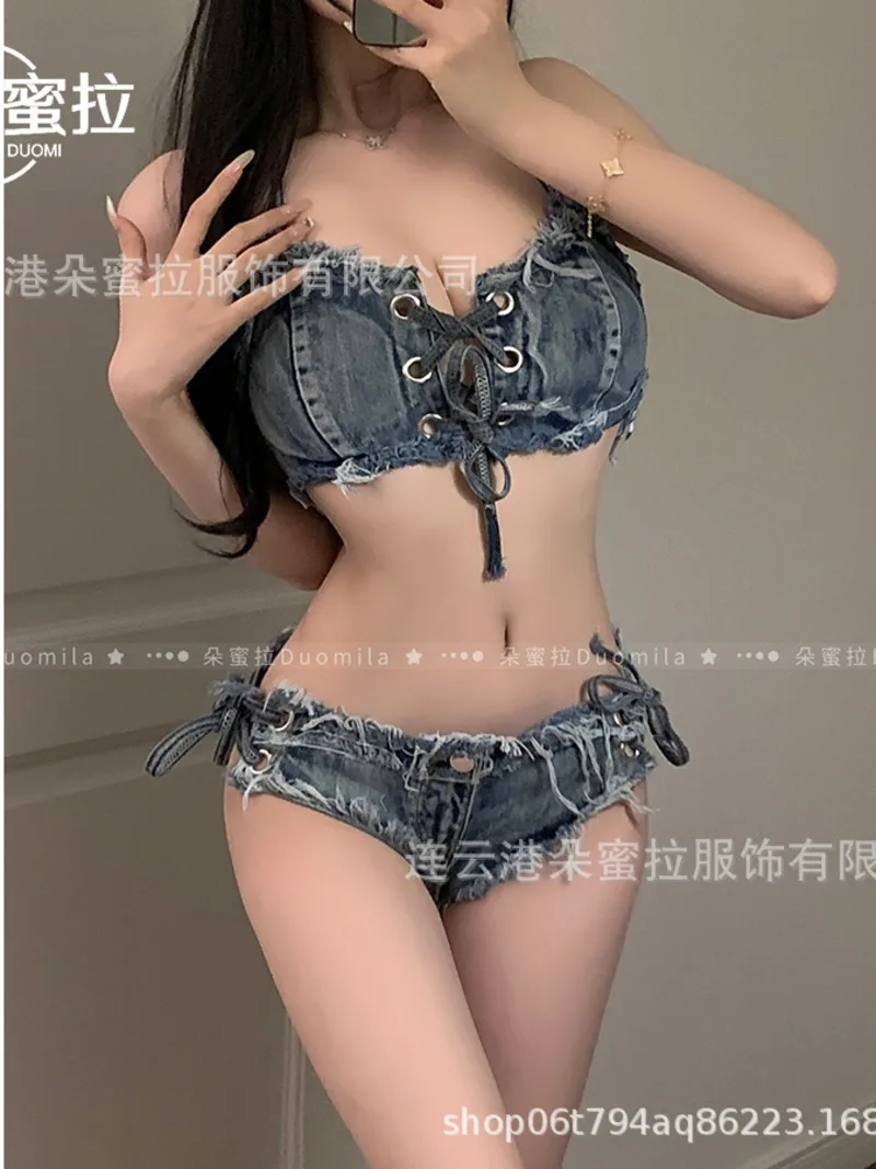 

2023 Summer Women's Sexy Spicy Girl Temptation Hanging Neck backless Chest Lace Up Top Denim Bikini Shorts Flirting Set FJ7V