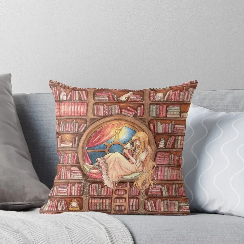 Book nook - Book lover girl reading in a library Throw Pillow Christmas Covers For Cushions Sofa Covers pillow