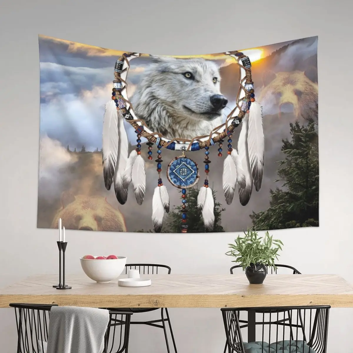 

Wolf, Bear and Dream Catcher Tapestry Nordic Home Decor Bed Room Decoration Room Decoration Aesthetic Wall Coverings Tapestry