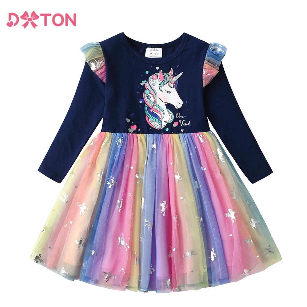 

DXTON Unicorn Children Dresses Winter Flare Sleeve Kids Dress Colorful Princess Tutu Dress Toddler Birthday Party Prom Clothing