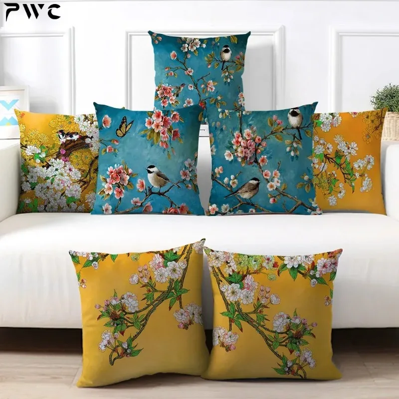 

Plum Blossom Cushion Covers Flamingo Birds Cherry Pillow Cover for Home Chair Sofa Decoration Yellow Pillowcases