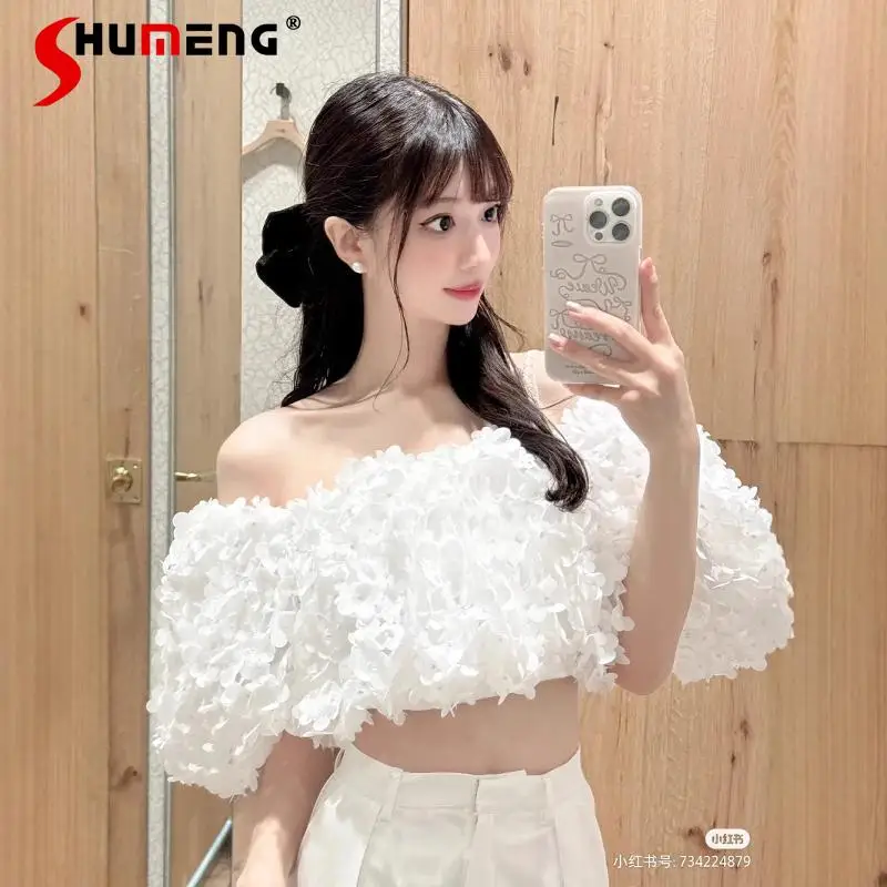 Japanese Elegant Commuter Heavy Industry 3D Petal Puff Sleeve Off-shoulder Crop Top All-matched Casual T-shirt Tees Women Summer