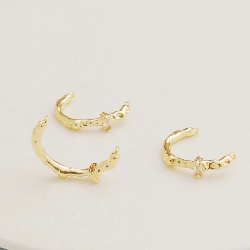 Anillo de media caña chapado en oro de 14k con diseño de rama irregular, conector doble colgante, anillo con cuentas, accesorios de joyería DIY para pulseras