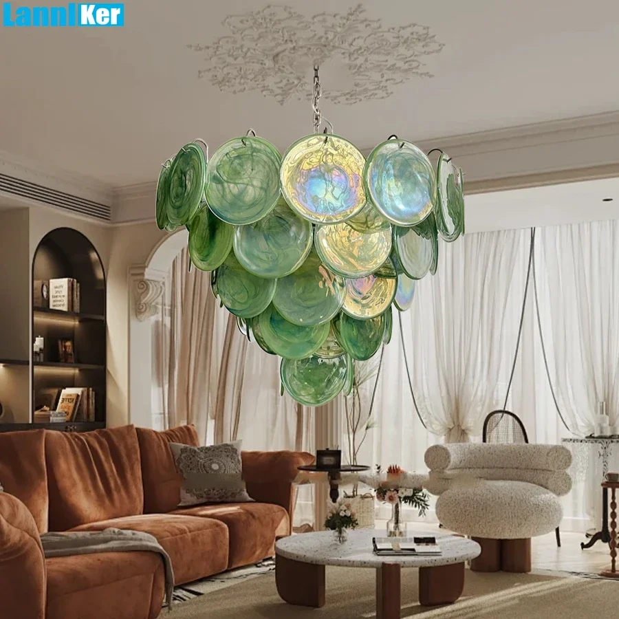 Round Luxury Green Glass Ceiling Chandelier Lighting Elegant Home Decoration Big Hanging Lamps Over Living Room Pendant Light