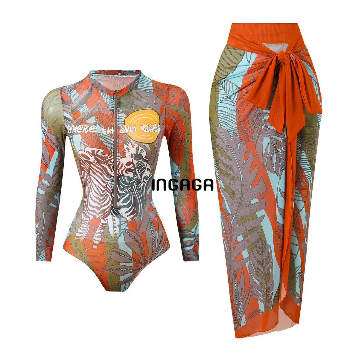 

One Piece Mesh Swimsuit Women with Cover Up Set High Neck Swimwear Woman Chiffon Long Wrap Skirt/Sarong Beach Wear