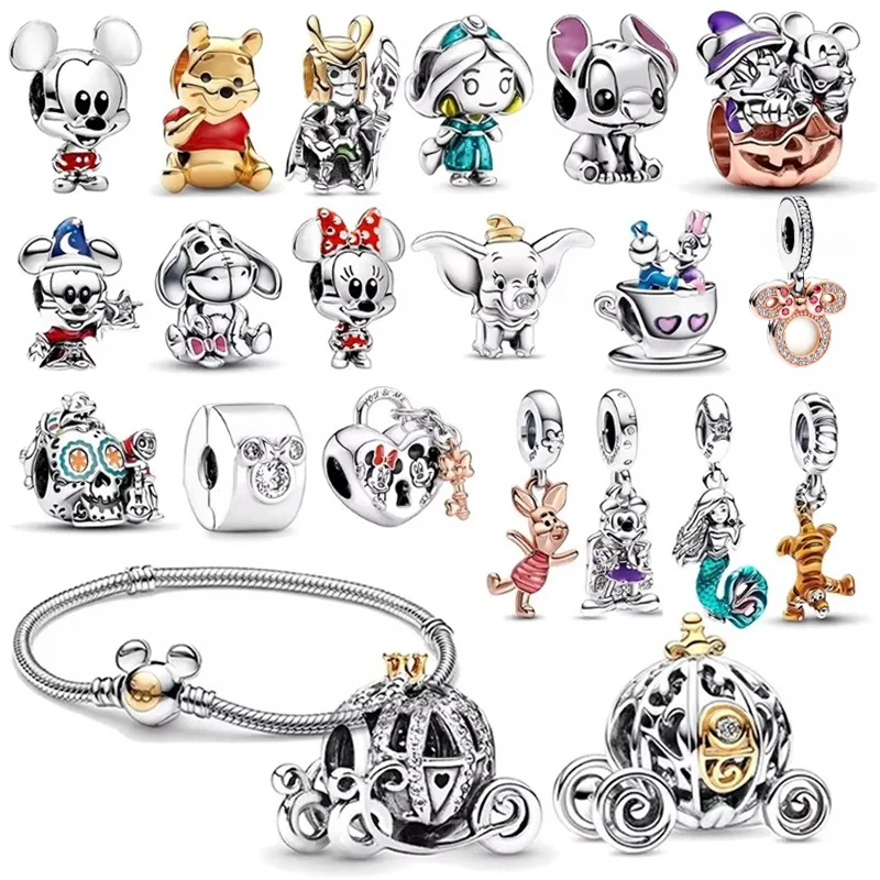 Disney 100th Princess Pumpkin Cart Mickey Minnie Dumbo Charm Stitch Beads Fit Original Pandora Bracelets DIY Jewelry Gifts Toy