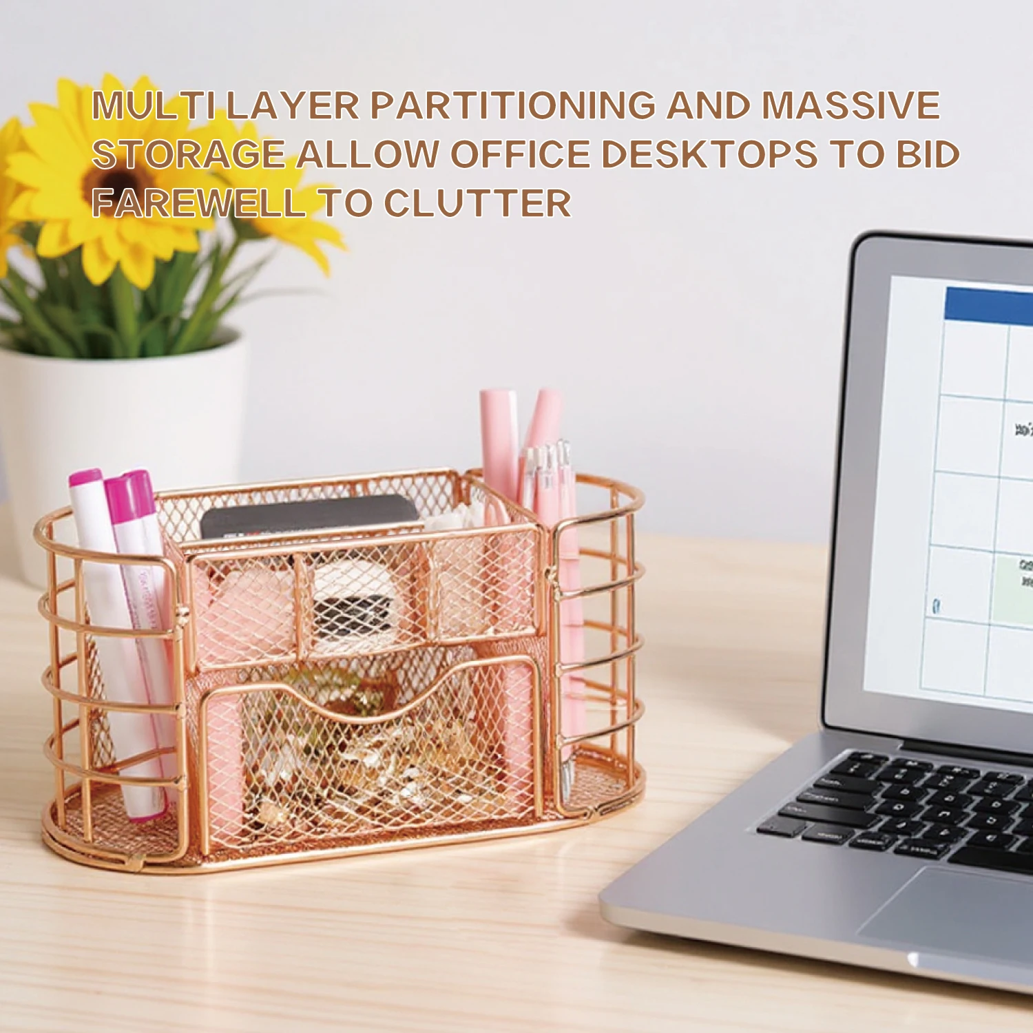 로즈 골드 데스크 정리 세트, 대형 금속 펜 홀더 (액세서리 포함), 내구성 있는 스테인리스 스틸 메이크업 브러쉬 컵, 다용도 O