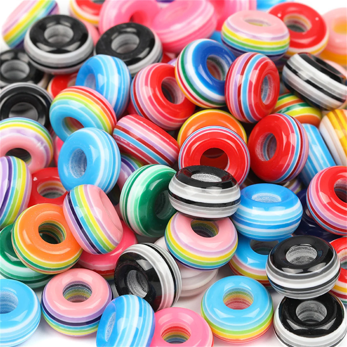 Z39 14mm Striped Colors Large Hole Wheel Beads Transparent Flat Round Beads DIY Clothing Phone Chain Beads Wholesale Accessorics