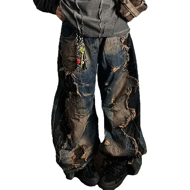 Three-dimensional Wasteland Style Asymmetric Messy Embroidered Patch Wide-leg Jeans Women Loose Street Washing Trousers