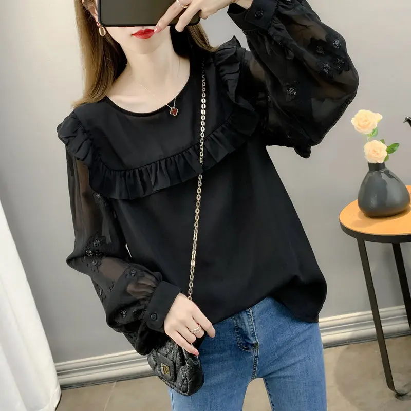 Elegant Solid Color Spliced Loose Lace Ruffles Blouse Women\'s Clothing 2023 Spring New Oversized Casual Pullovers Commute Shirt