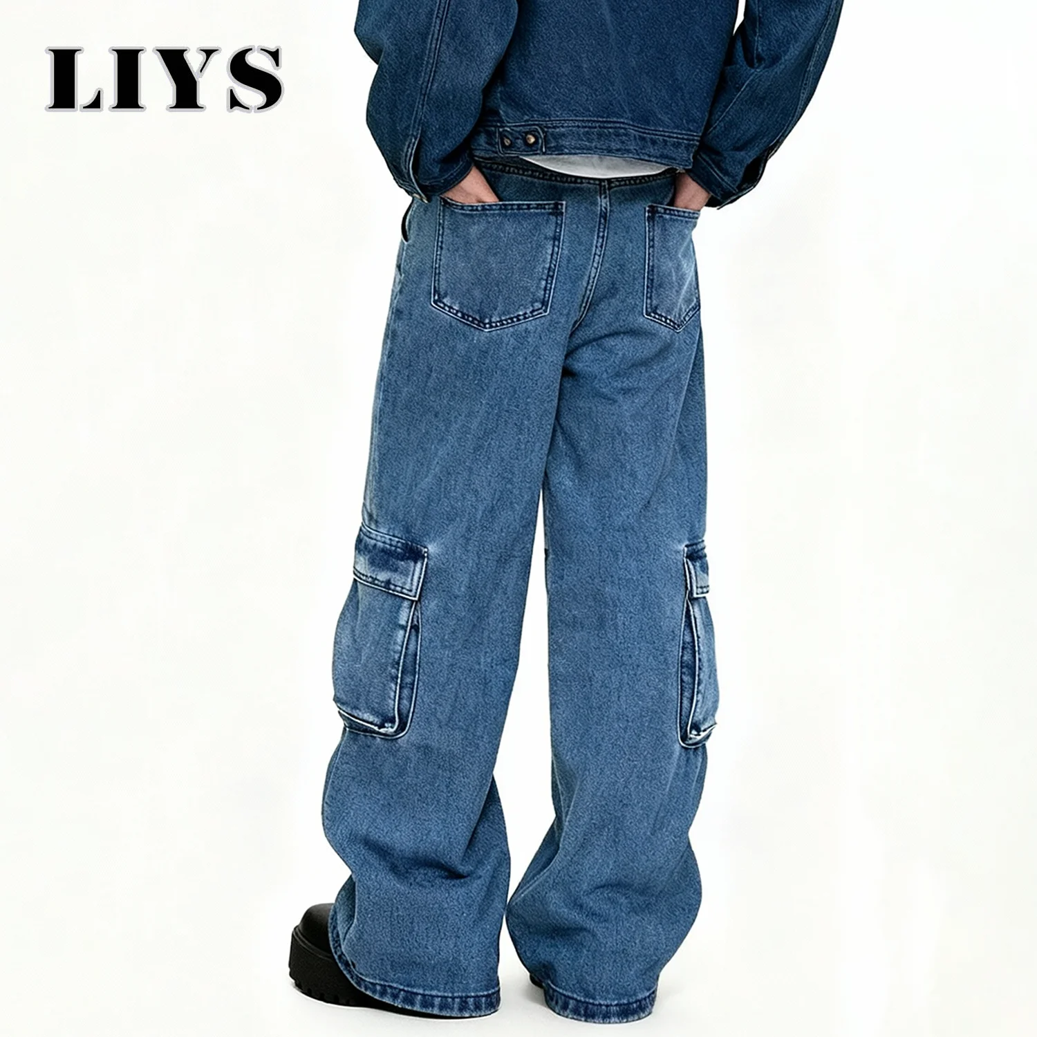 Men's Spring Blue Retro Washed Baggy Cargo Jeans Summer Male Multi Pocket Straight Tube Work Clothes Winter Denim Pants Clothes