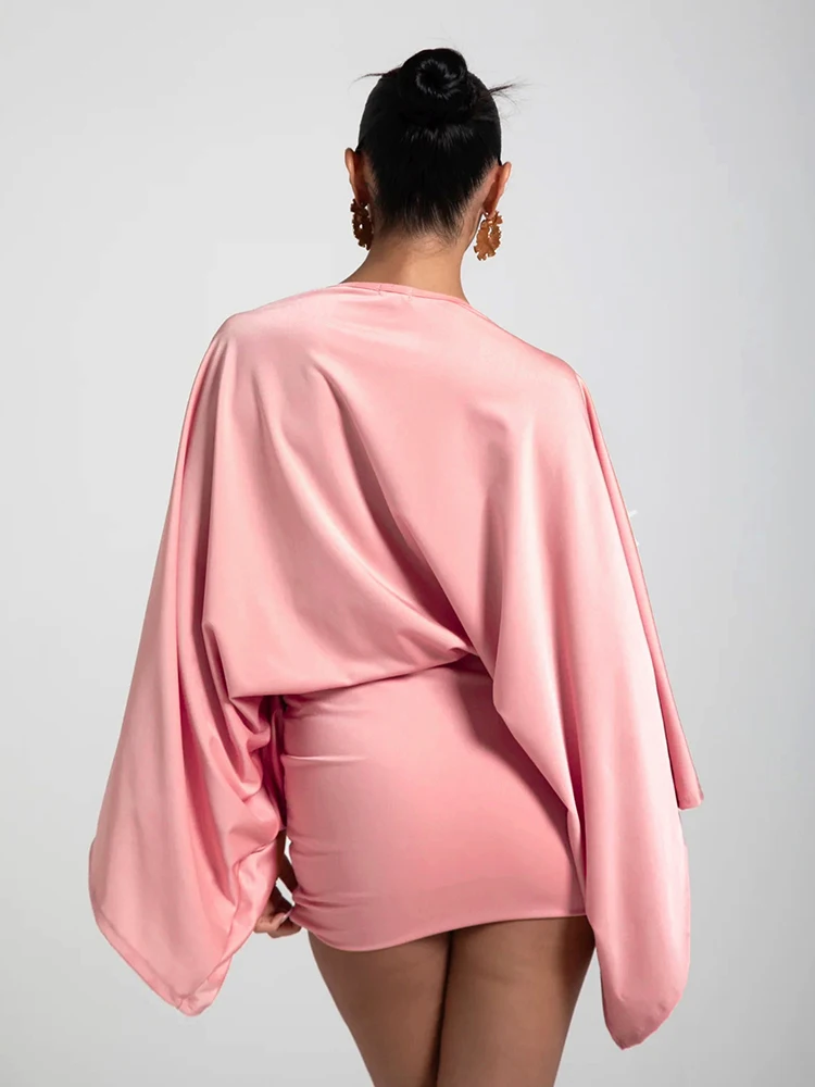 Weird Puss Sexy Classic Satin Dress Women Y2K Elegant Peach Hip v-Neck Bat Sleeves Birthday Party Clubwear Skinny Mini Bodycon